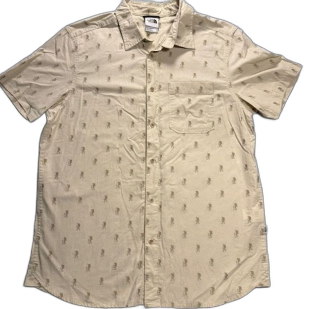 The North Face Hiker Print Shirt Men's M Beige Cotton Short Sleeve Button Up